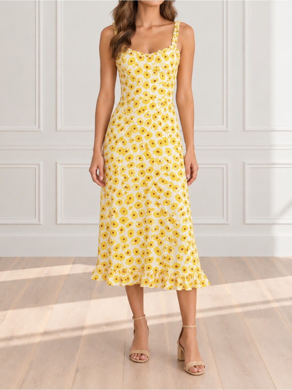 Faithfull the Brand Noemie Dress 8 Yellow Floral Smocked Ruffle Midi Sundress